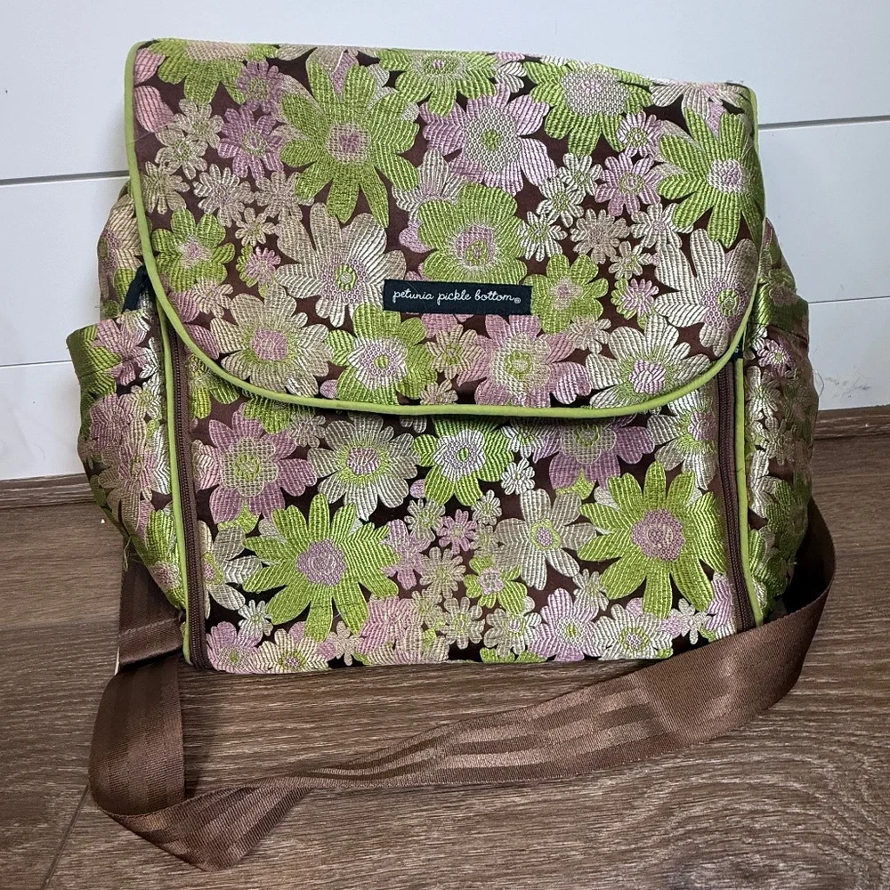 Petunia Pickle Bottom Boxy Backpack, Green Floral, Vintage, Shoulder Strap